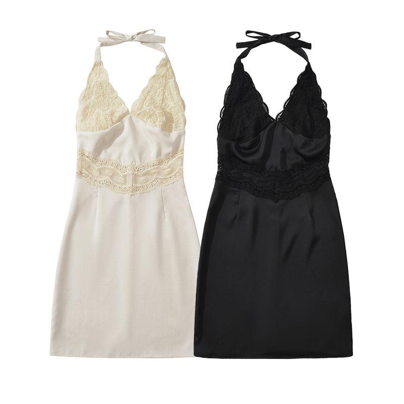 Kaslead New Women clothes Western Style Fashion Slim fit Lace Stitching Hanging Neck Short dress