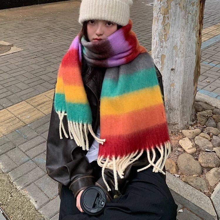 New Colorful Rainbow Scarf Women's Winter Dopamine Senior Student Sweet Warm and Cold Proof Plush Scarf Shawl