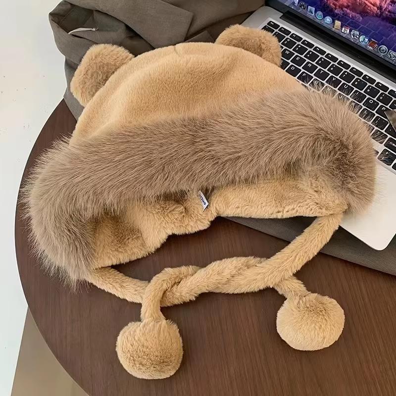 

Женские зимние пушистые меховые шапки-бини с защитой ушей, мультяшные шапки-ушанки в форме медвежьих ушей, теплые плюшевые шапки-черепа, корейские шапки для катания на лыжах и коньках кофейный