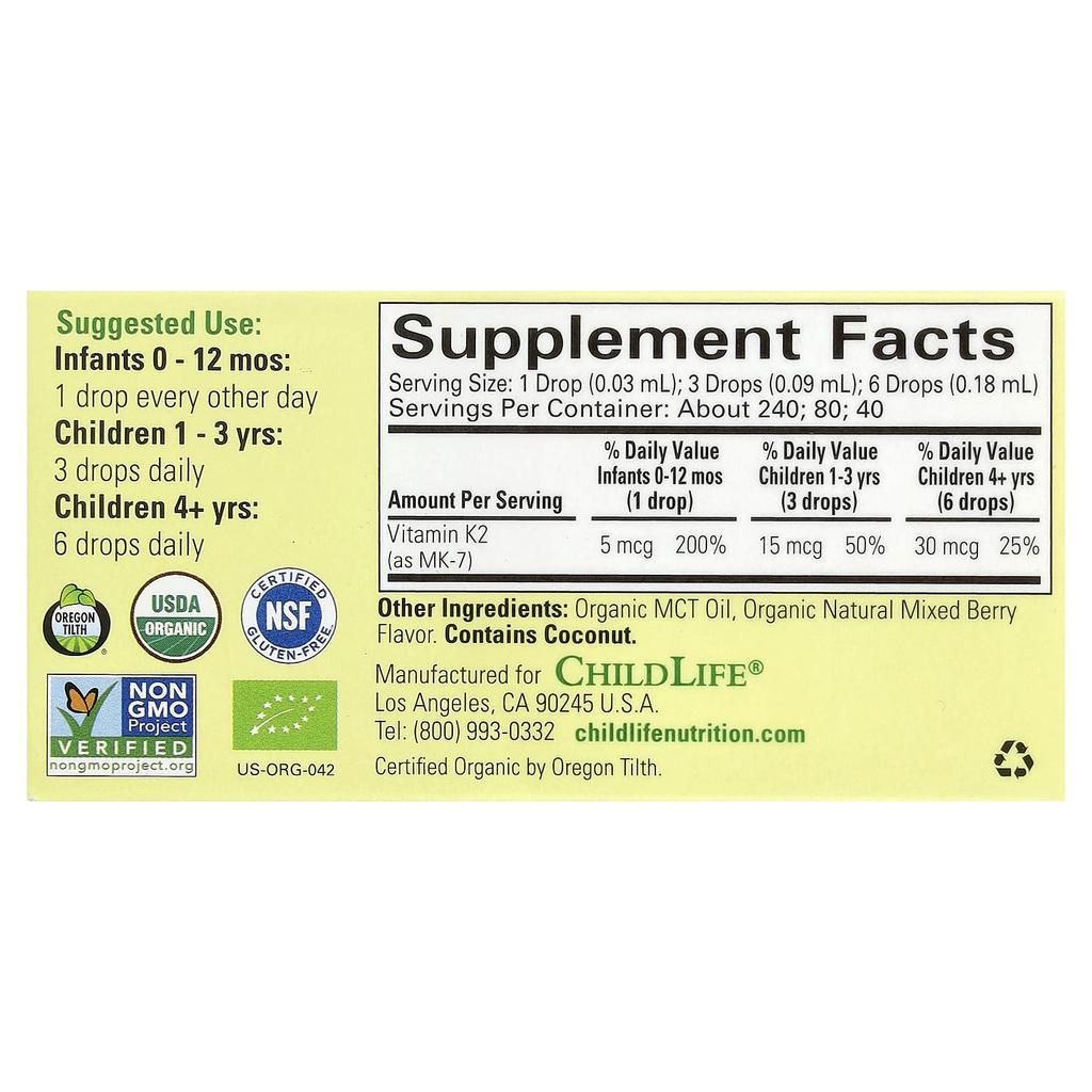 Organic Vitamin K2 Drops, Natural Berry Flavor, 5Mcg, 7.5Ml(0.25Fl Oz)
