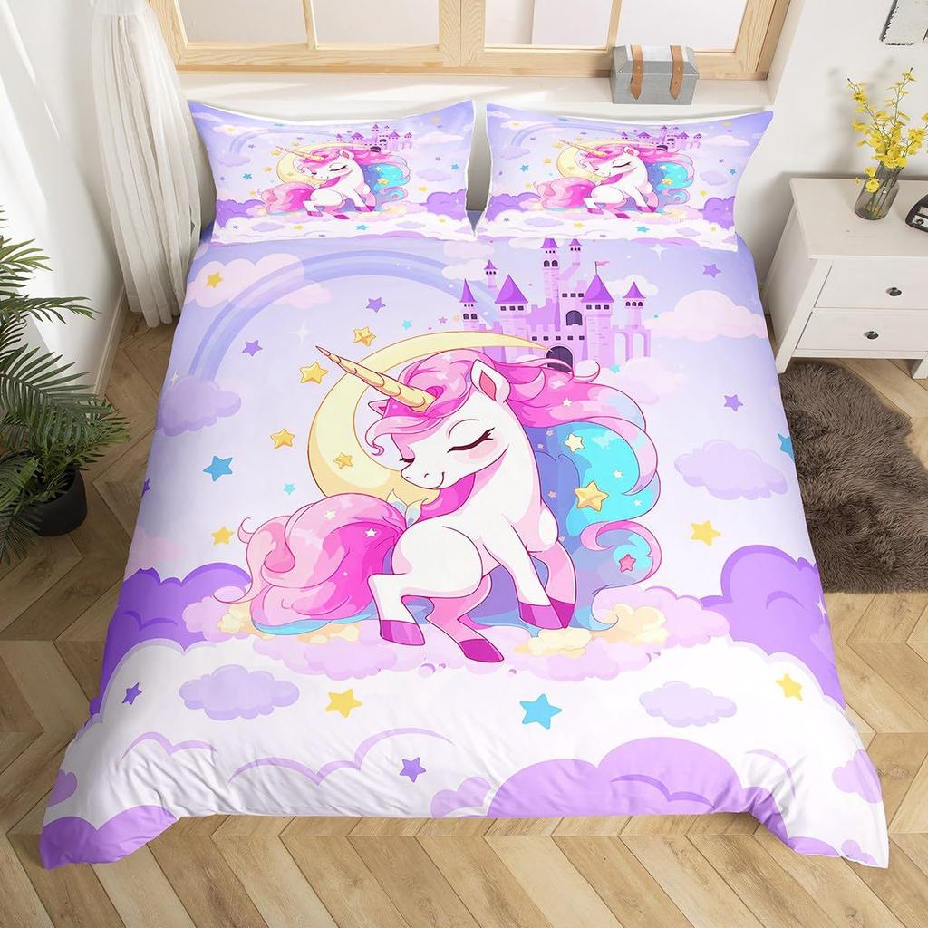 Dreamy Unicorn Duvet Cover Set Queen Size3 Pcs Rainbow Starry Sky Bedding Sets Pink Blue Unicorn Comforter Cover Set For Kids