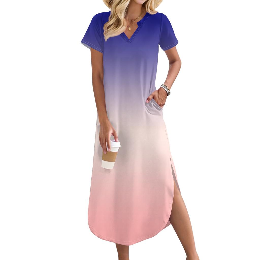 Women's Long Skirt Casual V-neck Long Shirt Dress Loose Slit Holiday Short Sleeve Dress