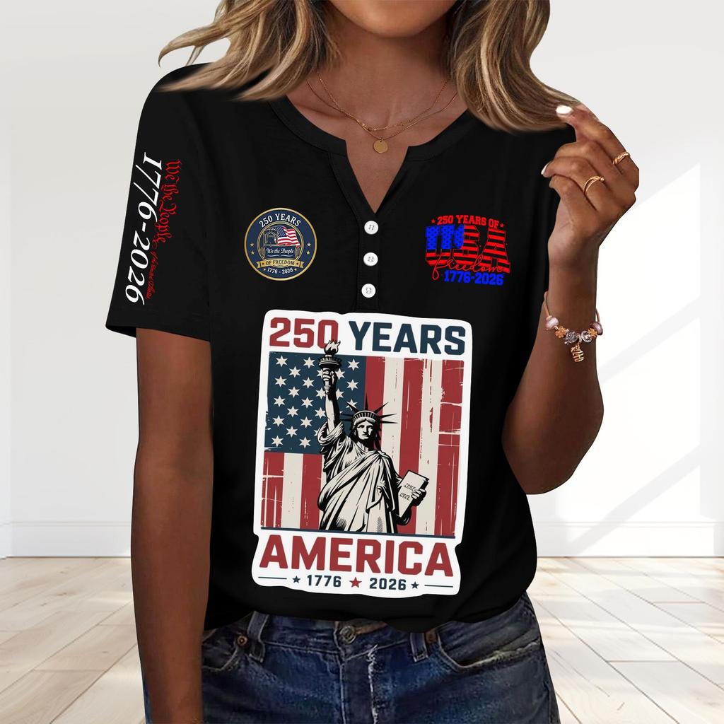 Women's Fashion Casual 250th Anniversary Independence Day Print V-Neck Short Sleeve Decorated Button-Up T-Shirt