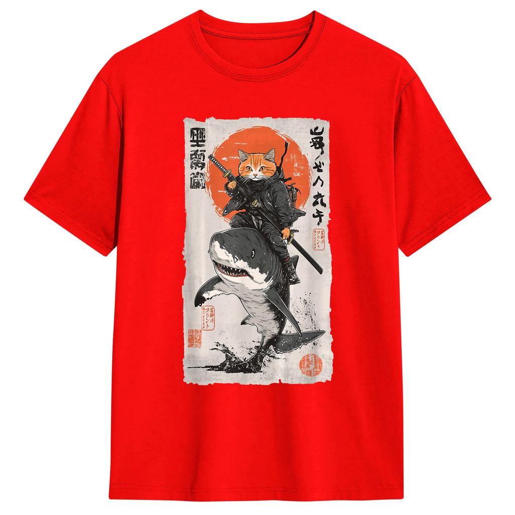 Ukiyoe Art Japanese Cat Riding T Shirt Unisex Pure Cotton Fashion Male Tshirts O Collar Tee Shirt Short Sleeve Clothing Present