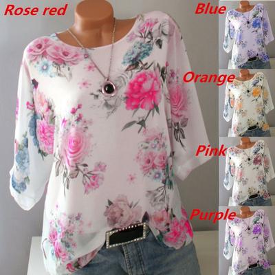 Fashion Women Round Neck Floral Print Loose Casual Chiffon Blouse Plus Size Shirts S-5XL