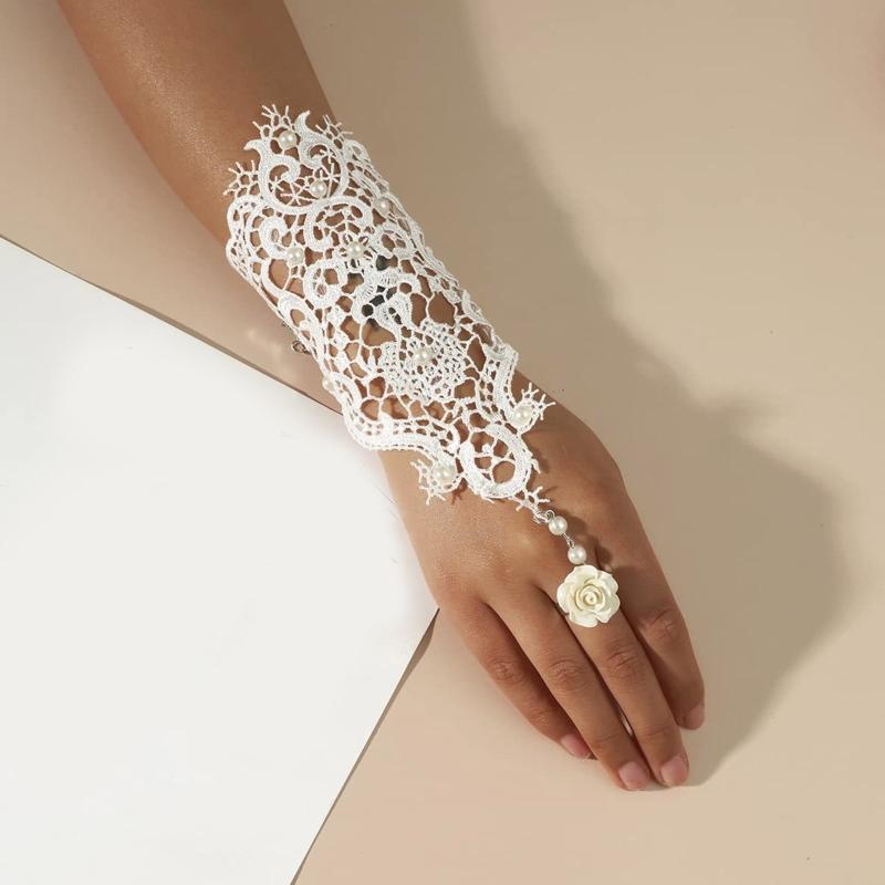 2colors Women Rose Beads Flower Lace Gloves Goth Style Adjustable with Ring Long Bracelet Wedding Bridal Accessories