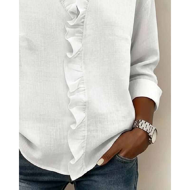 2026 Spring New Women's Ruffled Long-Sleeve Casual Solid Color Shirt