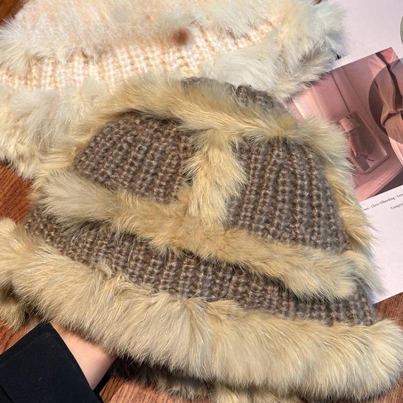 Chapeau seau tricoté en fourrure de lapin pour femme, nouveau chapeau de bassin thermique épais en peluche montrant un petit chapeau de fourrure pour le visage, hiver 2023