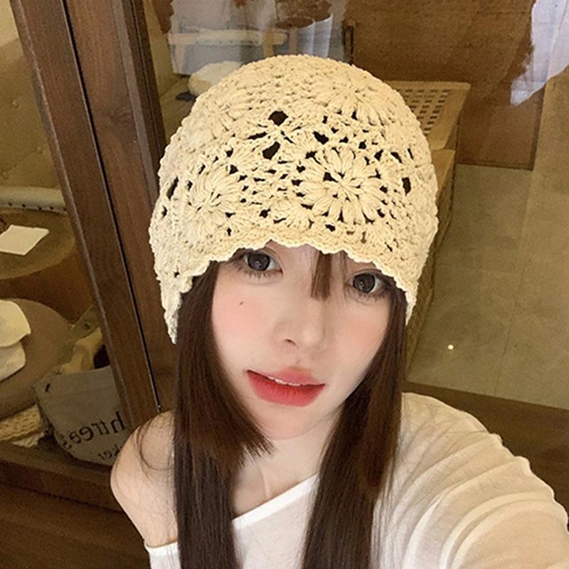 Women'S Solid Color Crochet Hollow Knitted Hat Summer  Vintage Beanie