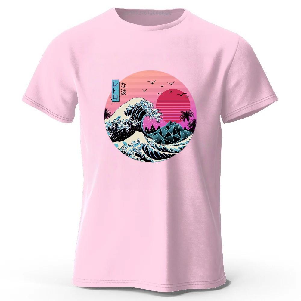 Estética Japonesa Onda Rosa Algodão Puro Manga Curta Masculina Casual Tendência Camiseta Top Solto