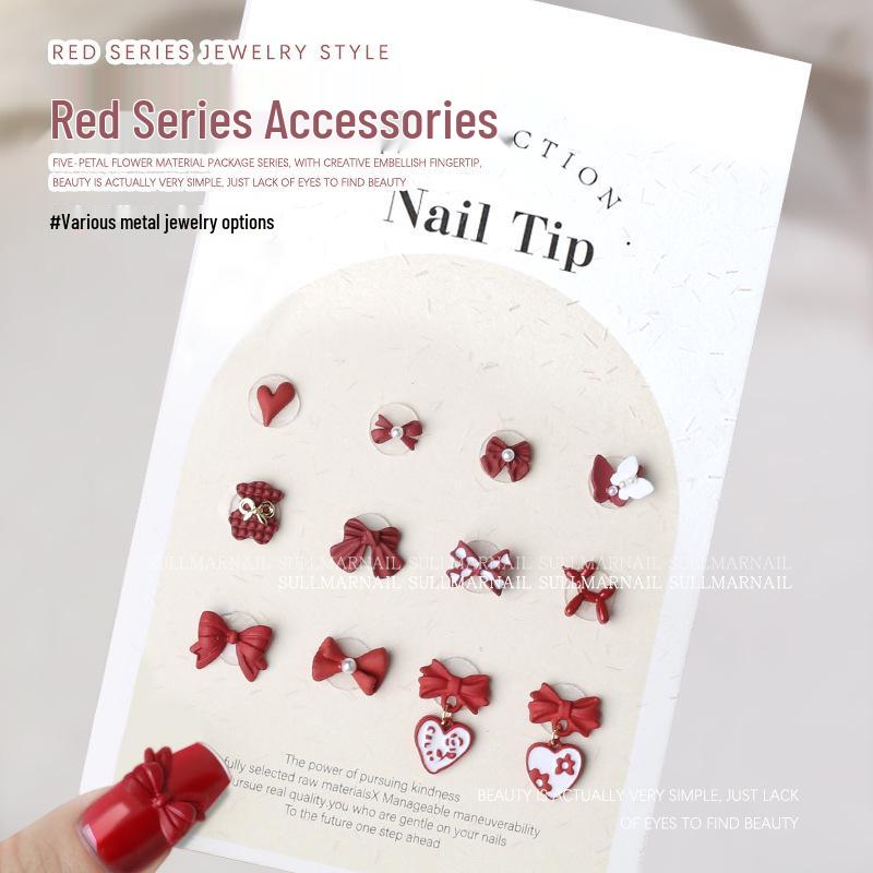 

New Year Red Bow Heart Pearl Pendant Nail Decorations - 5 Pcs
