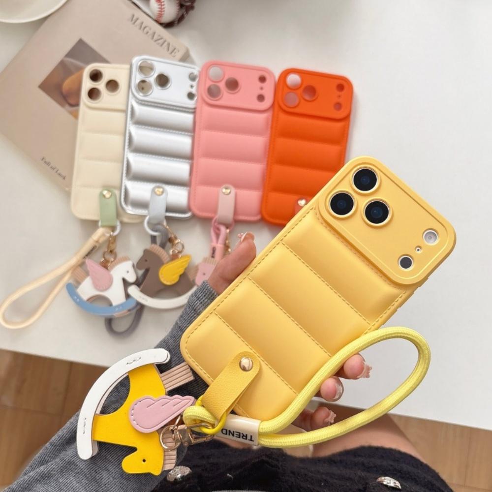 Cartoon Horse Down Jacket Hand Wrist Strap Case for For Iphone 17 16 1 Pro Max Air 14 Plus 13 12 11 X Xr Xs Lanyard Soft TPU Cover