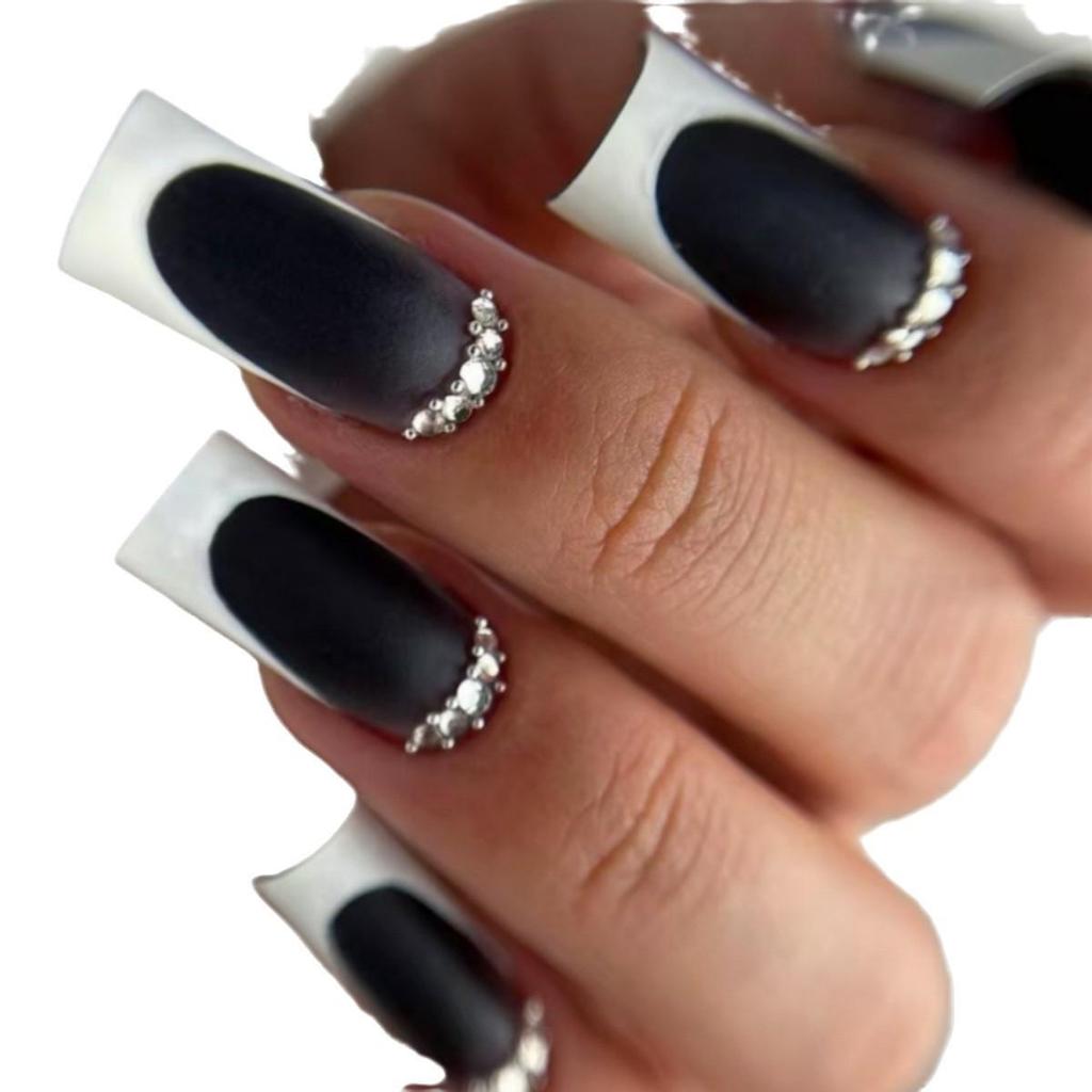 Black French Manicure Full Diamond Wearable Nail Stickers - 24-Piece Set