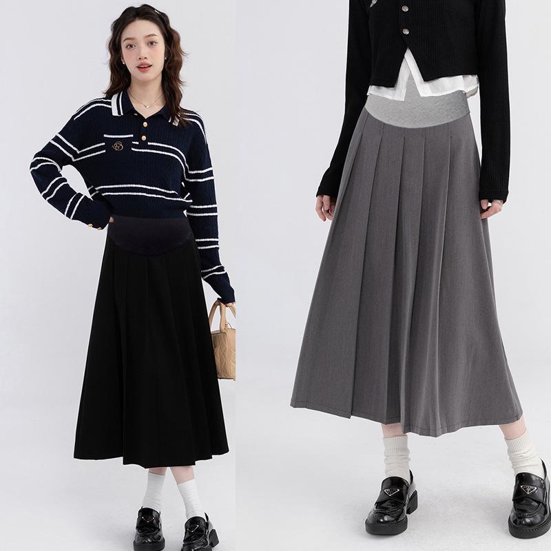Women s Mid-Length High-Waisted Pleated Maternity Skirt - Spring/Autumn A-line Style 2XL