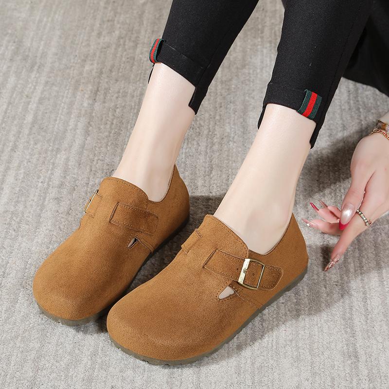 Women's Suede Flat Mules, Casual Buckle Strap Closed Toe Loafers, Retro Minimalist Slip-on Shoes for Spring Autumn Daily Wear
