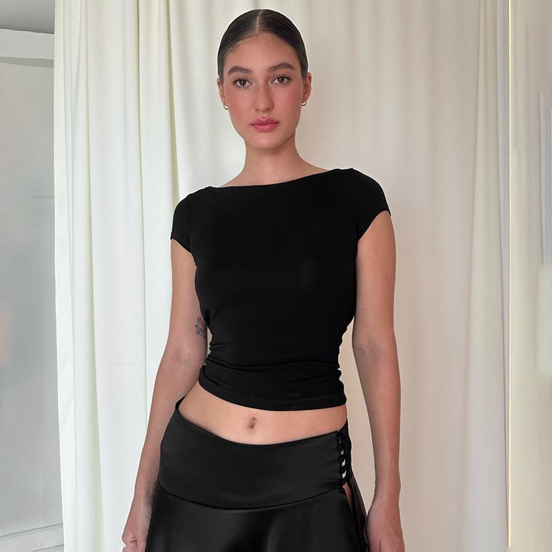 

Женская футболка с круглым вырезом, короткими рукавами и вырезом халтер S чёрный