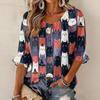 Women's Halloween Printed Three-Quarter Sleeve Blouse with Tie Neck and Ruffled Hem