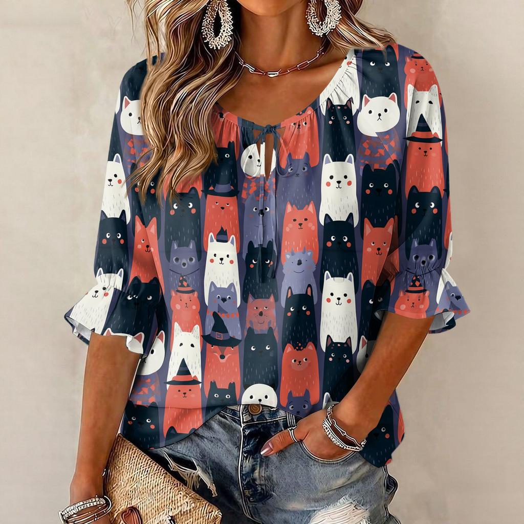Women's Halloween Printed Three-Quarter Sleeve Blouse with Tie Neck and Ruffled Hem