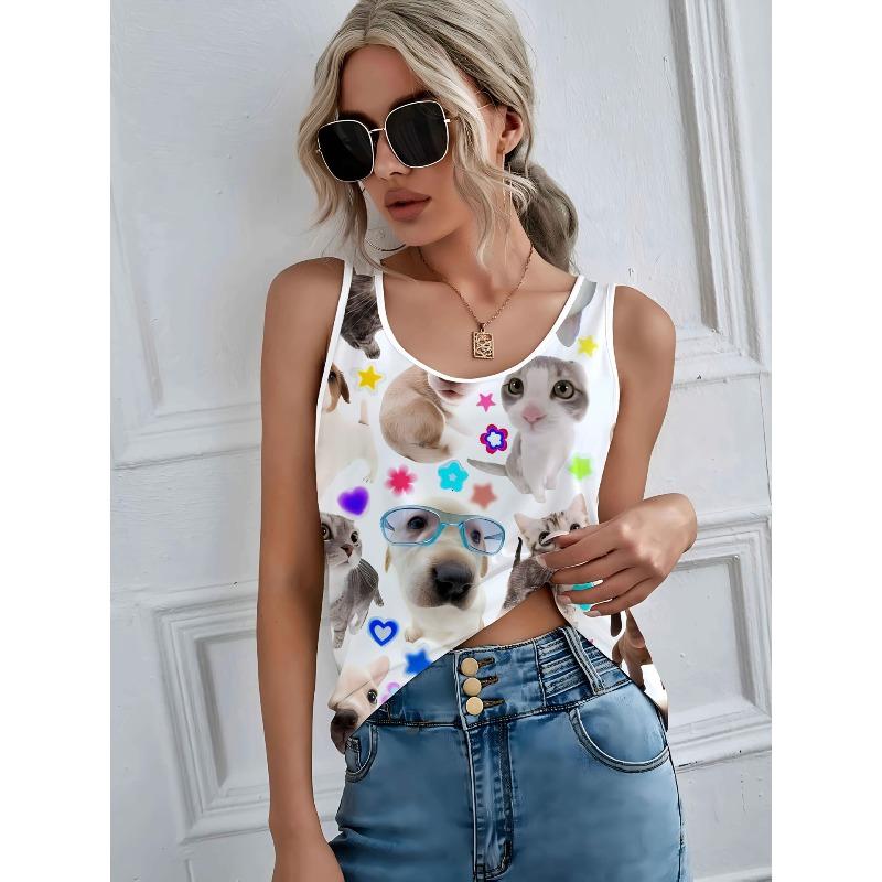 Summer Plus Size Sleeveless Camisole Vest Women 3D Printed O Neck Casual Versatile Simple Vest Tops