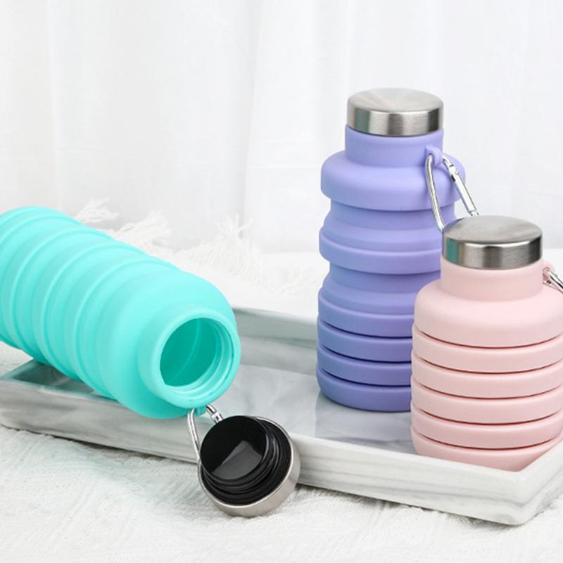 Personalized Round Foldable Water Bottle Custom Text Retractable Silicone Bottle Leakproof Lightweight for Travel Outdoor Sports