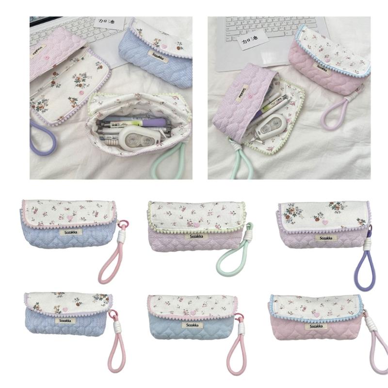 Flower Print Pen Bag with Lanyard Large Capacity Pencil Case Pen Organizers Pencil Pouches Travel Makeup Bag for Women
