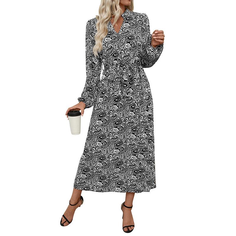 Amazon 2025 cross-border foreign trade autumn new ethnic printing elegant V-neck long-sleeved dress women