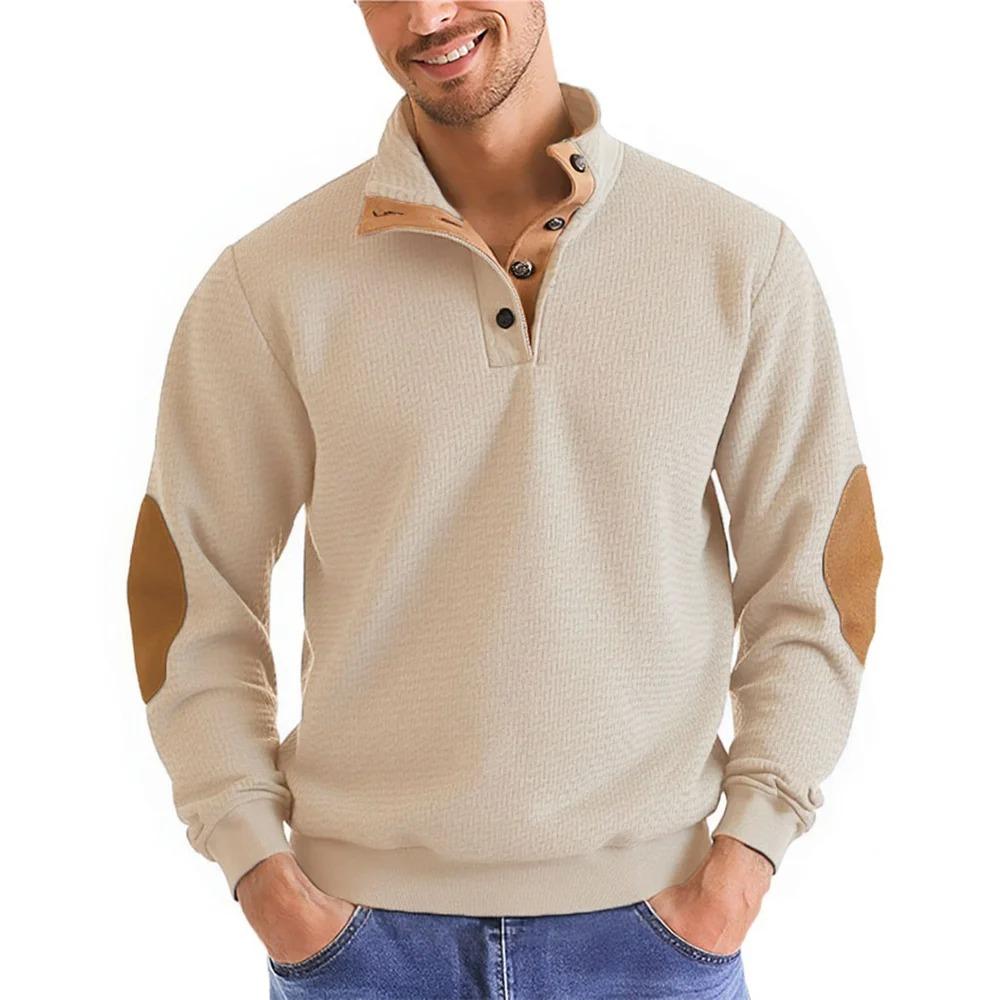 Men's Autumn Winter Casual Long Sleeve Color Block Sweatshirt with Leather Elbow Patches and Button Collar for Sports and Streetwear