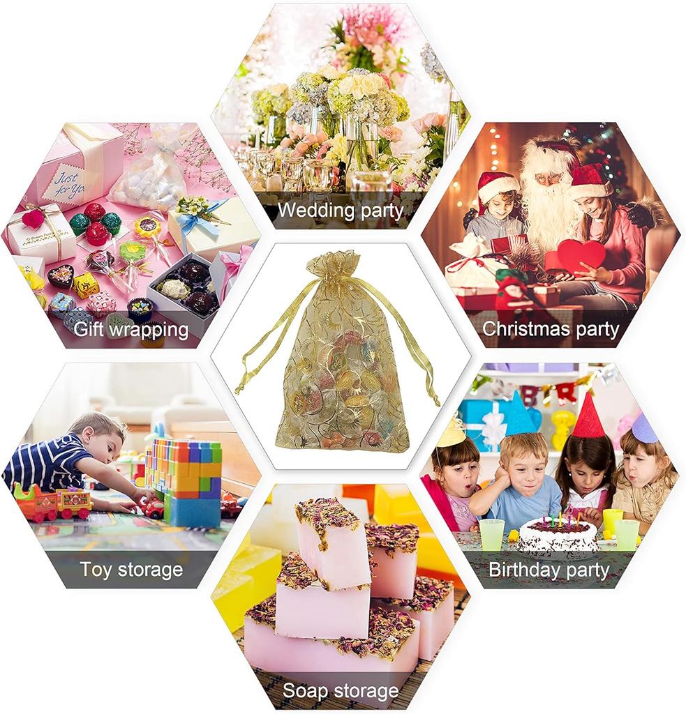 Goldene Organza-Geschenktüten mit Kordelzug Schmuckaufbewahrung Netzbeutel Süßigkeitenverpackungsbeutel Hochzeitsgeschenk Weihnachtsfeier Süßigkeitenbeutel