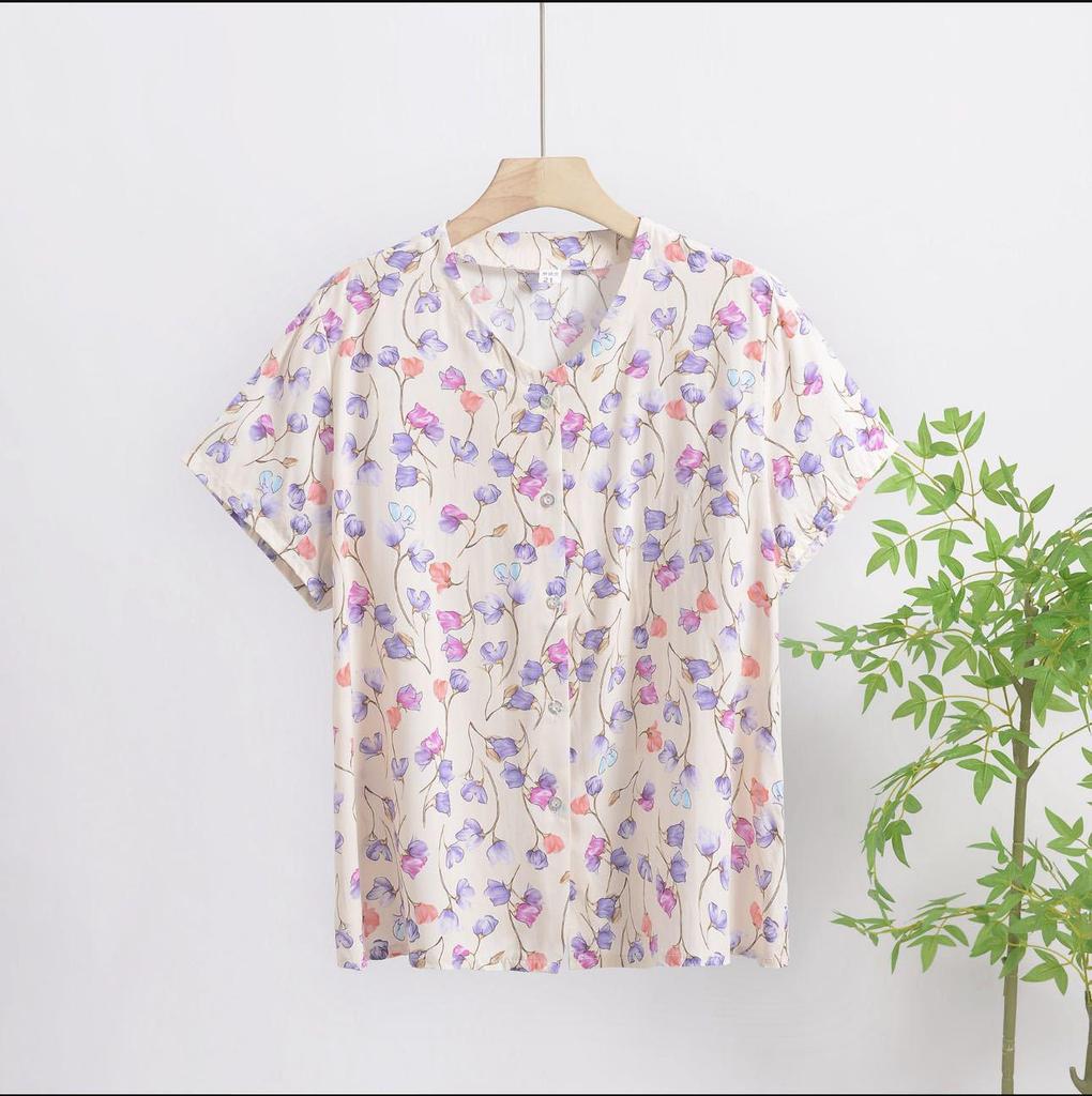2025 Summer Floral Print V-Neck Button Short Sleeve Loose T-Shirt