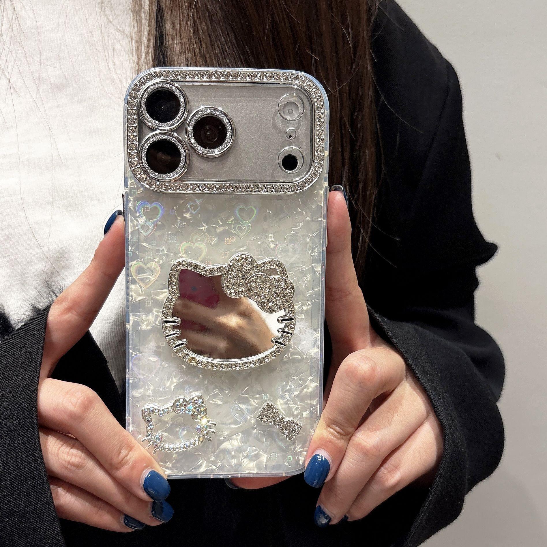 

Hello Kitty Shell Pattern Rhinestone Mirror Case for iPhone 17/16 Pro Max and Apple 15/14 Protective Case 16 белый