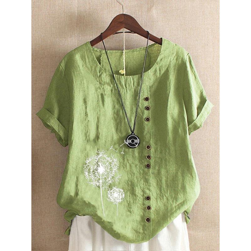 

Вільна повсякденна сорочка з принтом на ґудзиках і коротким рукавом. Жіночі літні топи. Жіноча вулична блузка з круглим вирізом. Великий розмір. Жіноча мода 24159 S зелений