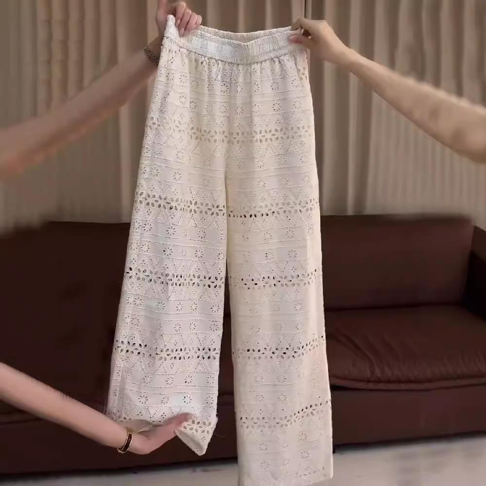 Plus Size Women's High Waist Lace Wide Leg Pants - Summer Thin, Hollow Out, Loose, Slimming, Casual Straight Leg Design