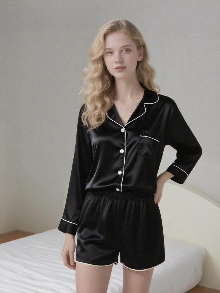 Women's Short Sleeve Faux Silk Ice Silk Pajama Set with Lapel - European Size