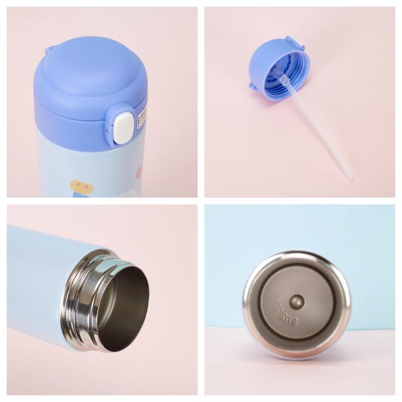 380ML Straw Cups Thermos Vacuum Flask Stainless Steel Cute Cartoon Protable Water Bottle for Girls Insulated Outdoor Tumbler