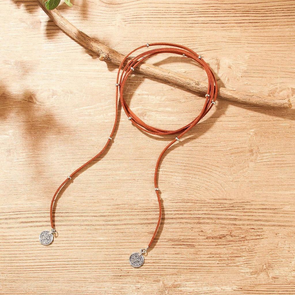 Vintage Round Leather Cord Pendant Necklace With Unique Fingerprint Design Bohemian Statement Jewelry For Women
