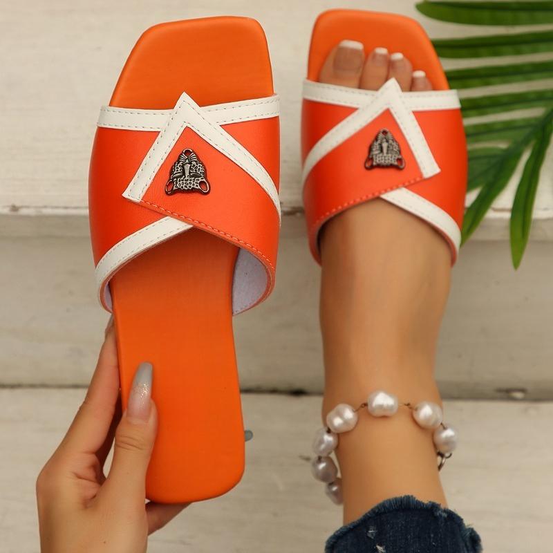 Fashion Comfortable and Versatile Flat Non-slip Women's Slippers Square Toe Open Toe Soft Sole Color Block Simple Breathable Flip-flops