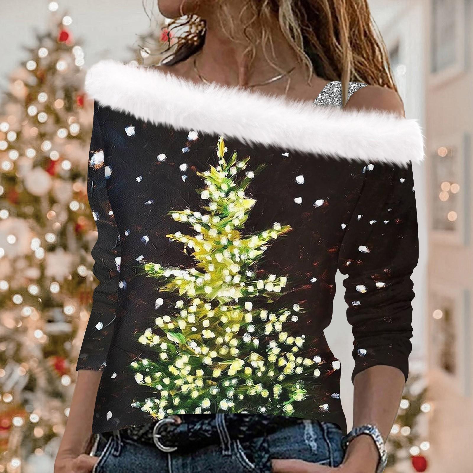 

Женские топы с длинными рукавами. Модные женские свободные пуловеры с открытыми плечами с рождественским принтом. S чёрный