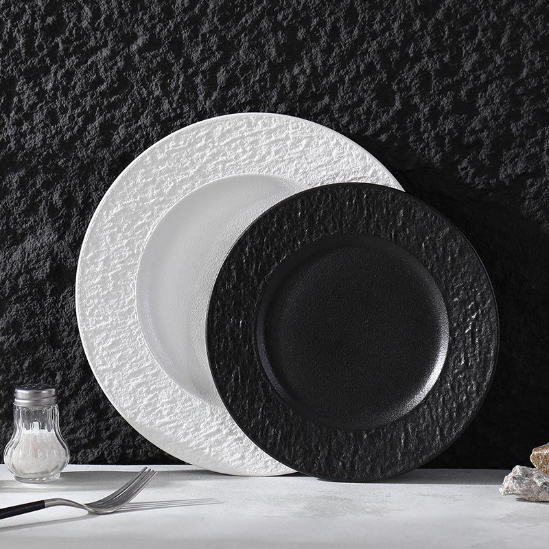 Black & White Textured Underglaze Round Ceramic Steak Plate 8.5 Rock Texture Plate - Matte Black