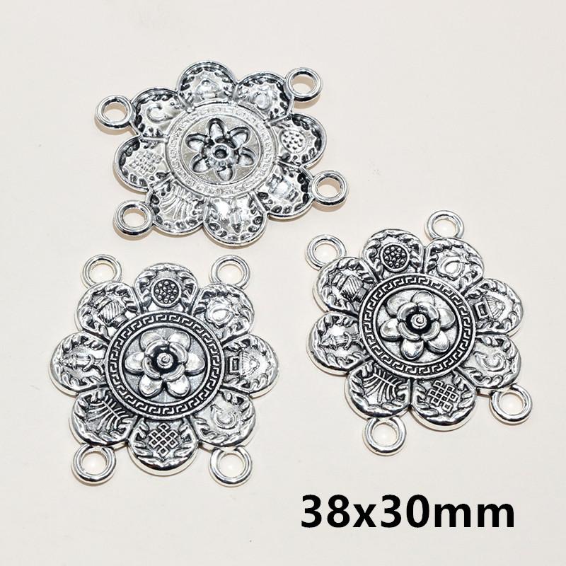 10pcs Antique Silver Plated Bohemian Vintage Flower Connector Charm Pendant DIY Necklace Bracelet Jewelry Making Accessories