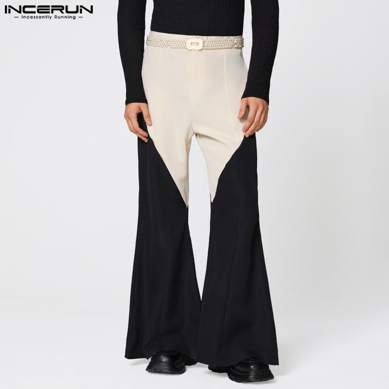 INCERUN Men Zip-up Waist Stitching Patchwork Casual Long Flare Trousers Pants