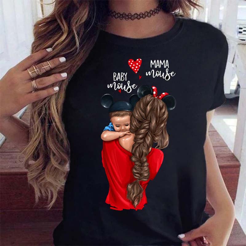 Women Clothing Cartoon Family Happy Time Mama Mom Mother Short Sleeve Clothes Print Tshirt FeUnisex Tee Top Graphic Black Tshirt