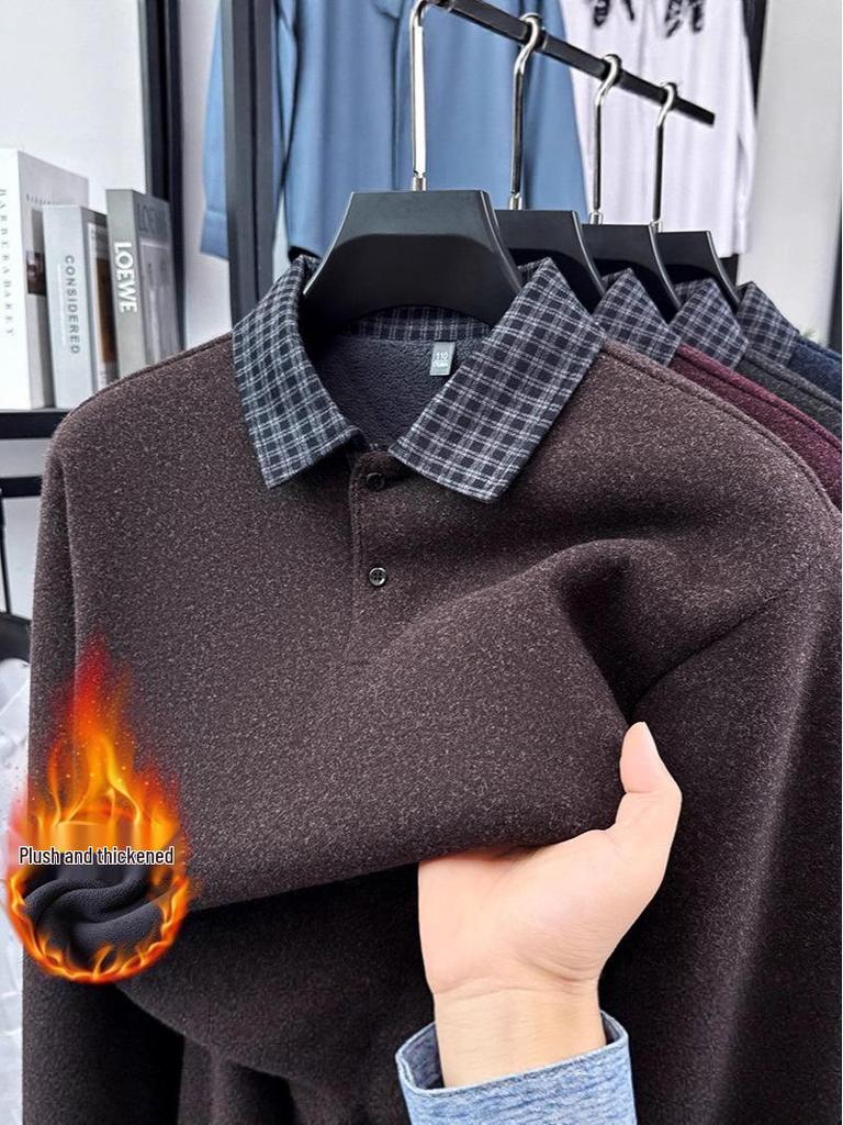 2025 Fall/Winter Men's Faux Two-Piece Sweater - Plus Velvet, Solid Color, Warm Knit Base Layer for Middle-Aged Dads