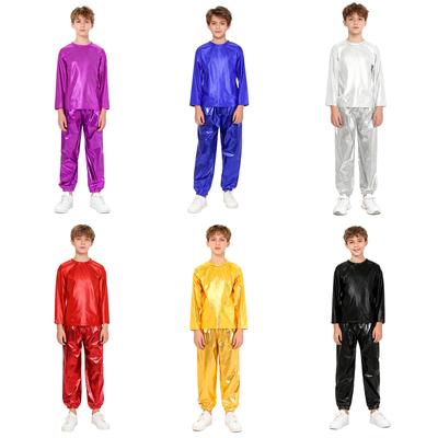 Girls Stage & Practice Dance Wear: Complete Shiny Metallic 2-Piece Set with Round Neck T-Shirt and Comfortable Elastic Pants