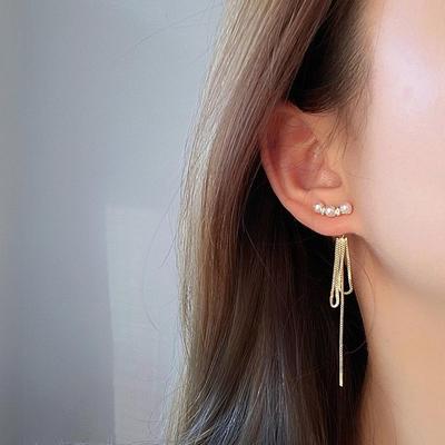 Pearl High-end Female Long Earrings Silver Needle Earrings Tassel Style Round Face Exaggerated Earrings for Celebrities