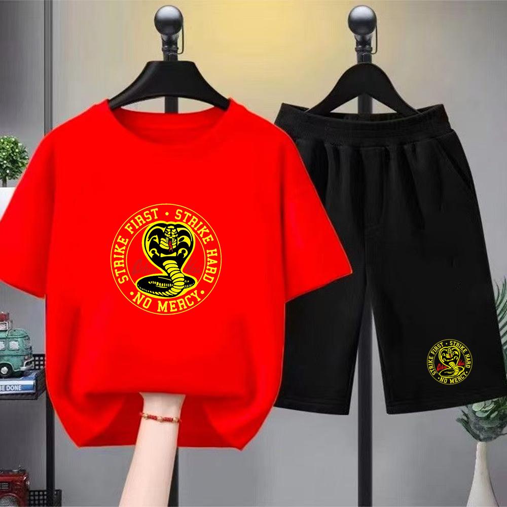 Summer T-shirt+shorts Anime snake Print Boy Black Girl Sets Tshirt kids Tops Casual Tees round Neck short-sleeved top