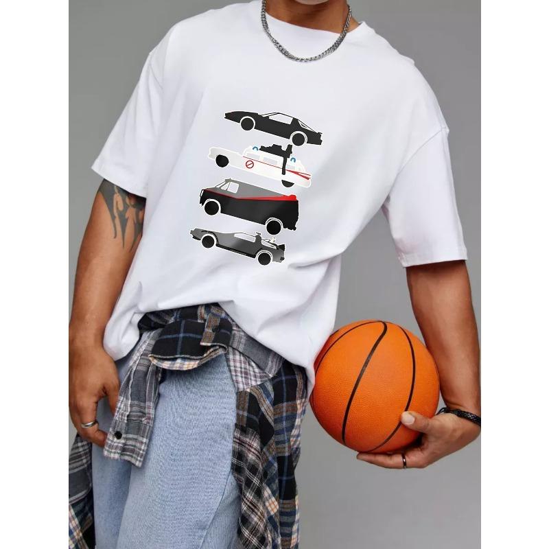Crew Neck T Shirt White Classic Car Collection Graphic Print for Casual Wear