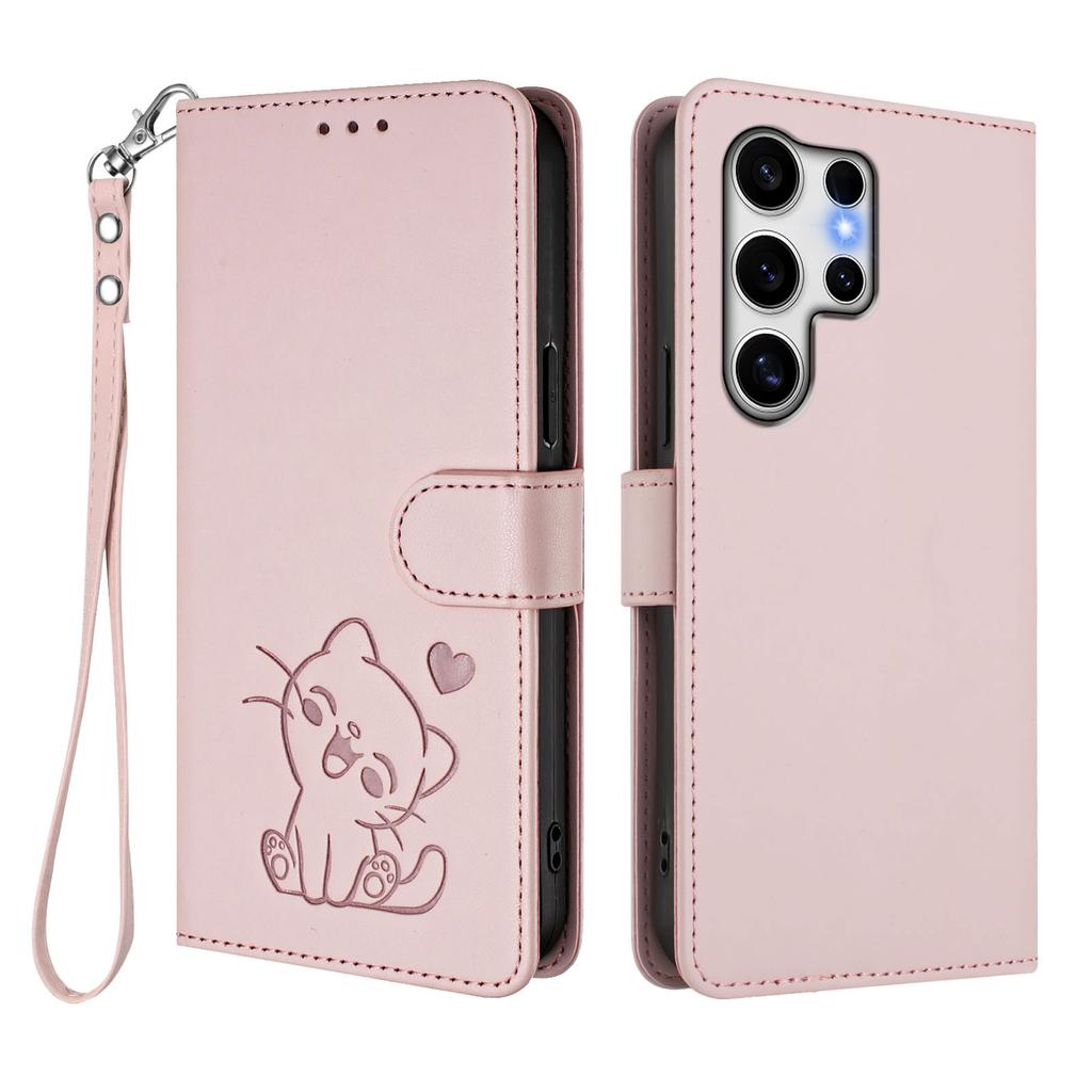 Für Samsung Galaxy S25 Ultra Brieftasche Hülle mit Handschlaufe Love Cat Muster Prägung Leder Handyhülle