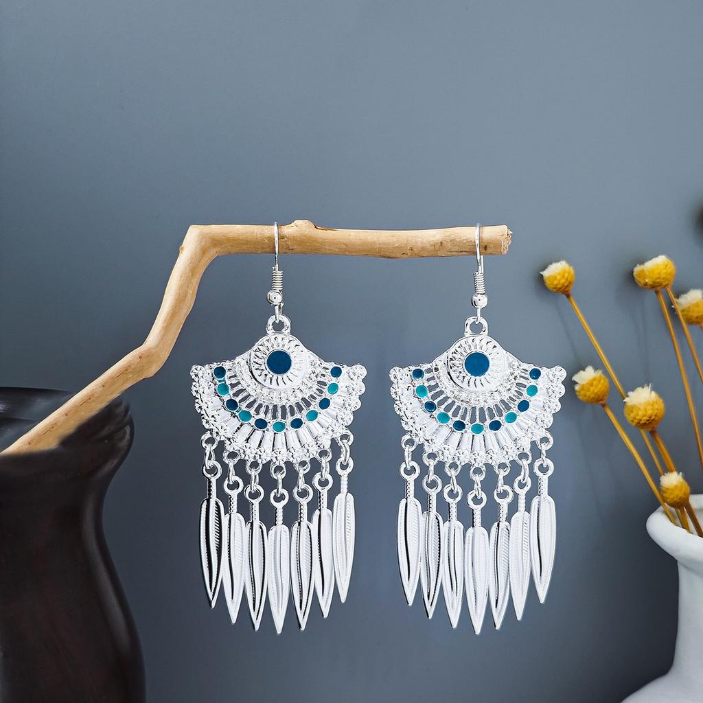 Ethnic Style Miao Silver Fringed Earrings, Bohemian Turquoise Fringed Earrings, Minority Tourist Attractions Earrings