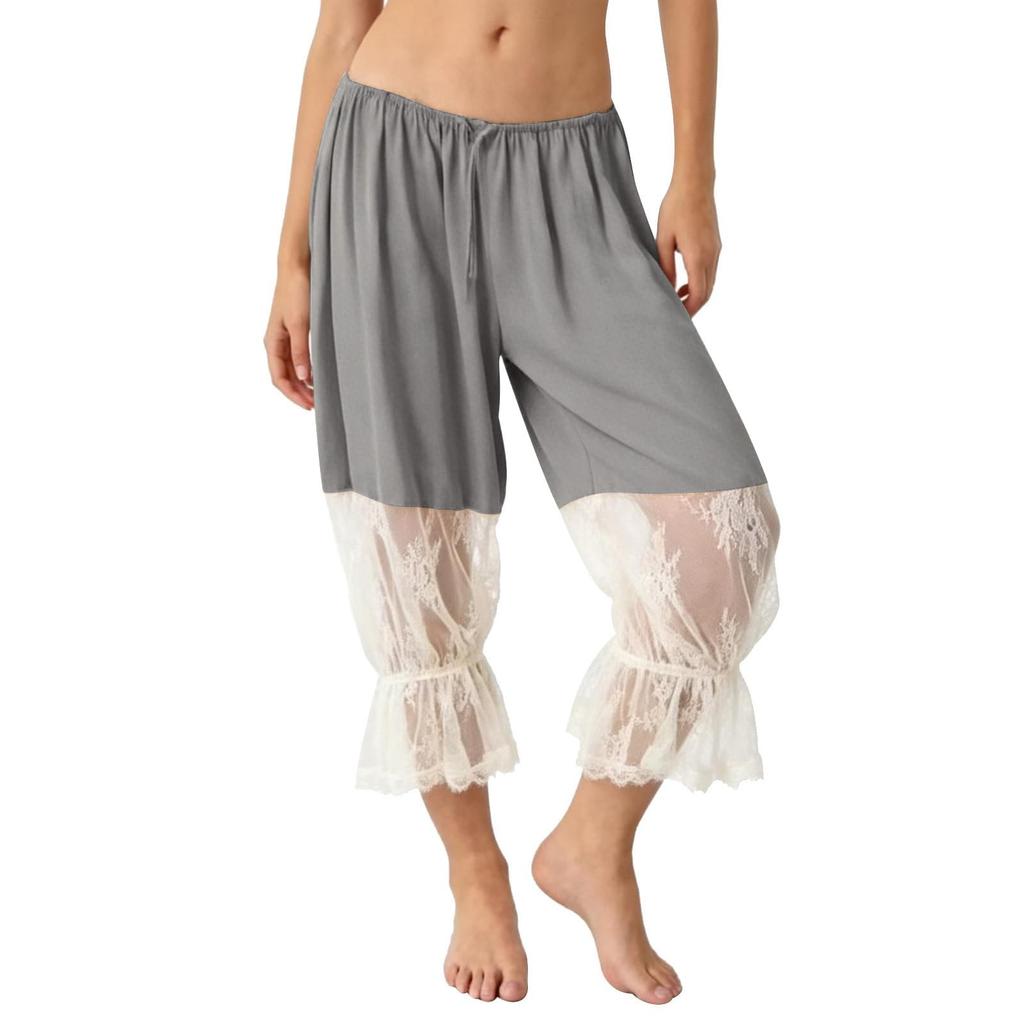 Women Ruffle Lace Trim Capris Low Cropped Pants Vintage Casual Pantaloons Pant