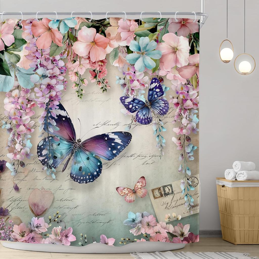 Floral Butterfly Shower Curtain Spring Pink Blue Vintage Flowers Purple Lavender Weeping Wisteria Blossom Envelope Bathroom